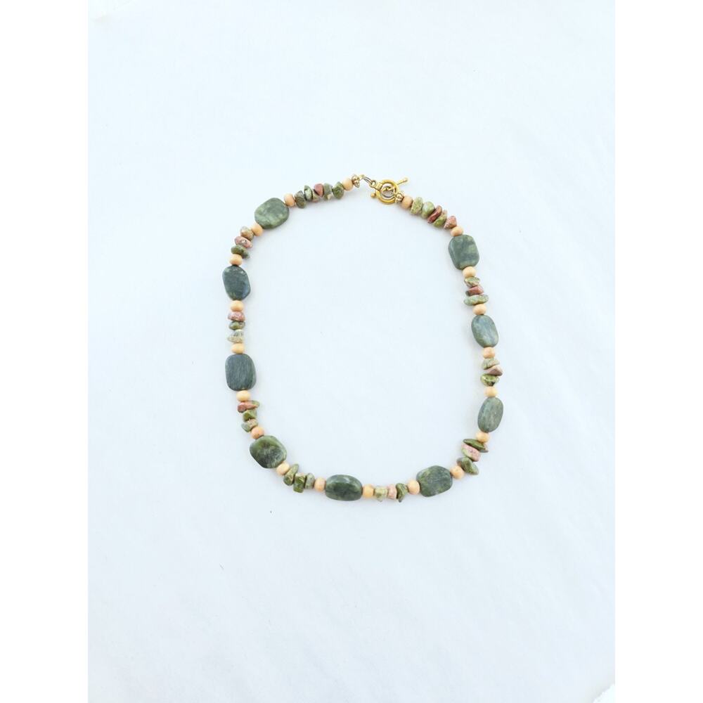 Handmade Gem Stone Beaded Artisan Necklace Nephrite & Unakite Green Choker Boho - Picture 6 of 10